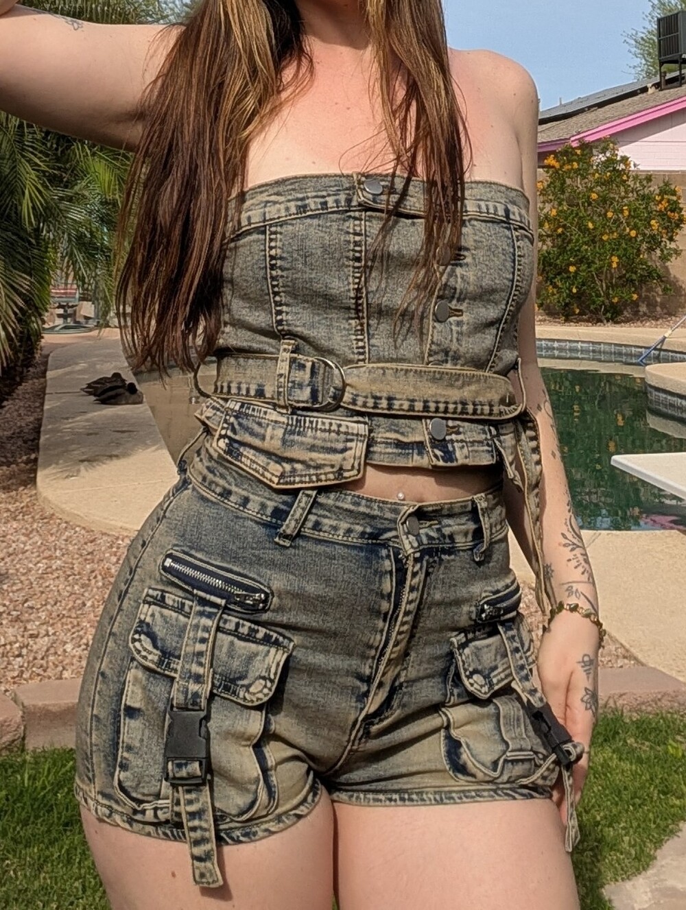 2 Piece Denim Strapless Belted Crop Top & Utility Shorts Set - Acid Wash